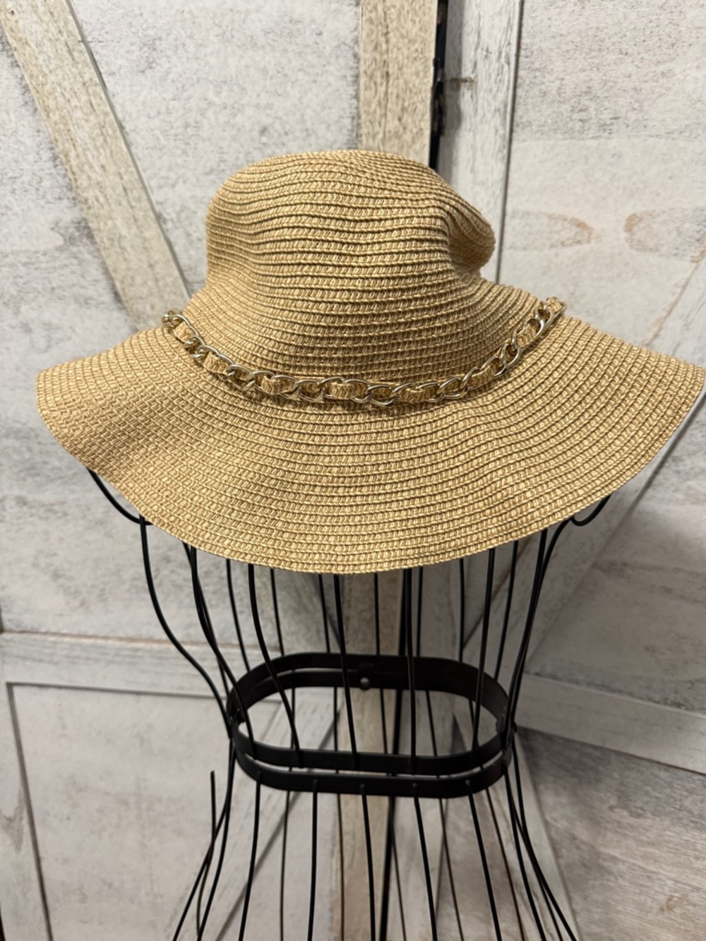 Women's Straw Sun Hat with Silver Chain Trim - Beige